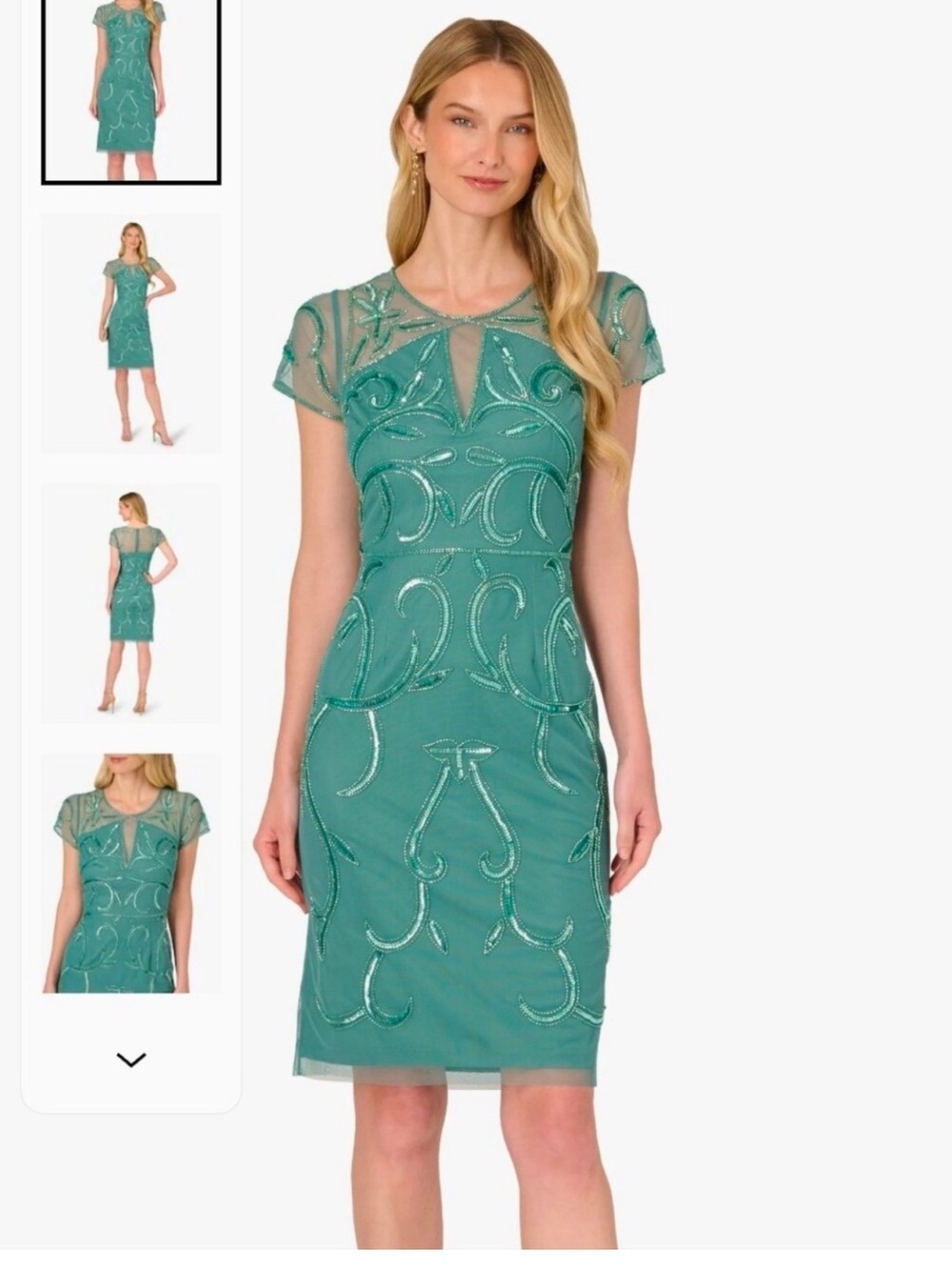 Embellished Teal Sheath Dress with Mesh Yoke